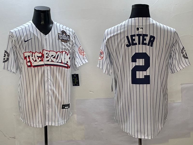 Men New York Yankees #2 Jeter White Stripe four generations Joint Name 2025 Nike MLB Jersey style 3